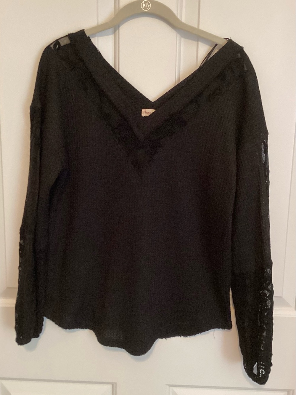 Hem & Thread Black Lace-Trim V-Neck Sweater